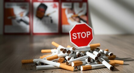 Pile of broken cigarettes with "Stop" sign, representing anti-smoking or quitting smoking