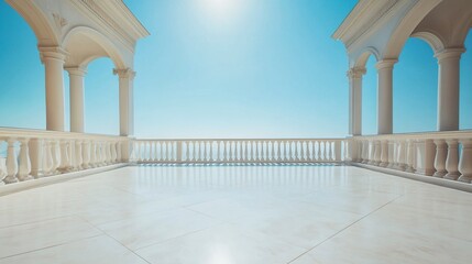 Empty terrace in a luxury property, bright sunlight reflecting on polished floors, seamless views of clear blue skies 
