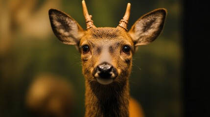Close-up of young deer with small antlers, wildlife curiosity, forest animal, nature conservation focus