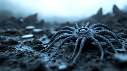 Mysterious star-shaped rock on misty terrain, resembling alien life, exploration, science fiction themes