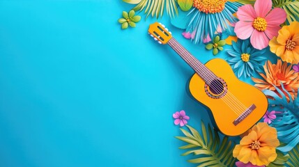 Vibrant floral arrangement with yellow guitar on blue background. Cinco de Mayo, Battle of Puebla Day, Mexican Heritage Festival - Latin American Cultural Celebration