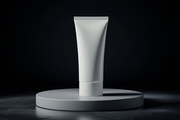 Cosmetic Tube Mockup, 3D Render on Gray Pedestal, Dark Background. Cream, Lotion, Gel Packaging Template.