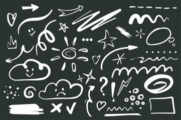 Line shape marker set elements in flat graphic design. Bundle objects of white doodle drawings with arrows, stars, clouds, sun, curls, circle, square, dots, tick, heart, other. Vector illustration.