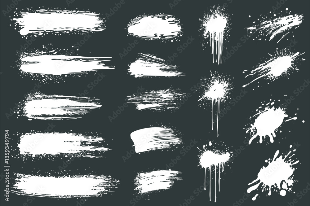Poster white ink splatters set elements in flat graphic design. collection of brush strokes and ink spots w