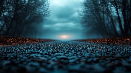 Fototapeta premium Wet road at twilight, moody atmospheric scene, concept of autumn evenings, tranquility, serene travel journey