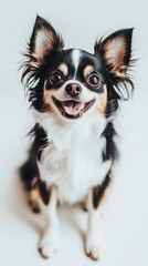 Fototapeta premium Cute happy dog sitting and posing on white background, Chihuahua dog