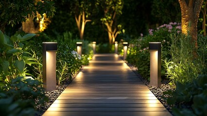 Obraz premium A beautifully lit pathway in a garden, bordered by plants and flowers, creating an inviting atmosphere. Concept Garden Pathway, Inviting Atmosphere, Beautiful Lighting, Floral Borders