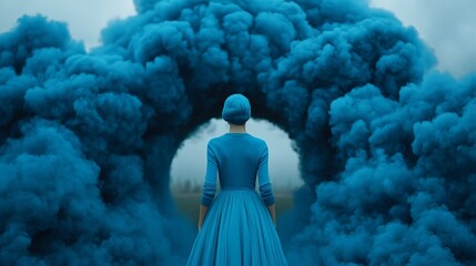 Mystical woman in blue dress standing amid vibrant smoke, fantasy, creativity, surreal art concept