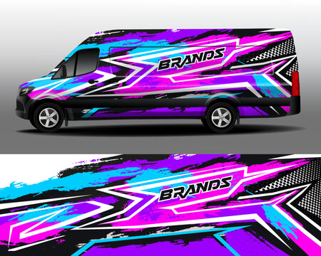 Delivery van vector design. Car design development for company. Bright colored abstract stripe racing background kit designs for wrap vehicle, race car, rally, adventure and livery.
