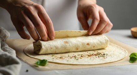 Close-up of hands rolling tortilla wrap on kitchen counter