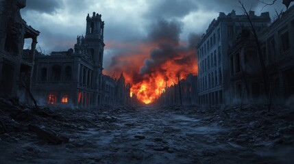 Destroyed cityscape with burning buildings under ominous sky, symbolizing war devastation, apocalyptic scene, dramatic ruins