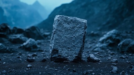 Rugged stone in misty mountain terrain symbolizes strength and resilience, nature landscape adventure