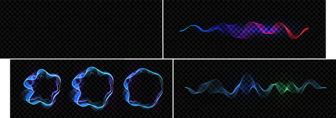 Colorful audio waveform transitioning from blue to purple to red with glowing curves. Abstract frequency visual, dynamic music spectrum. Blending lines wave vector illustration