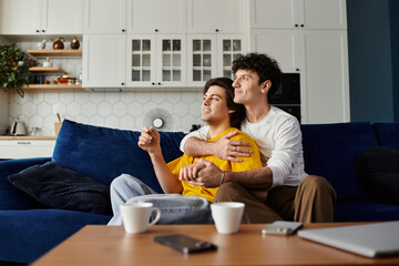 Modern apartment embraces love between two men in a cozy moment of togetherness