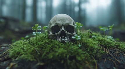 Ancient human skull on mossy forest floor, spooky nature scene, Halloween, Dia de los Muertos