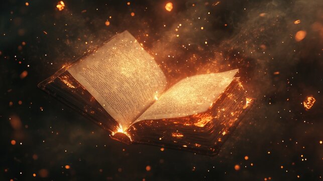 Mystical glowing book with magical sparks and floating particles