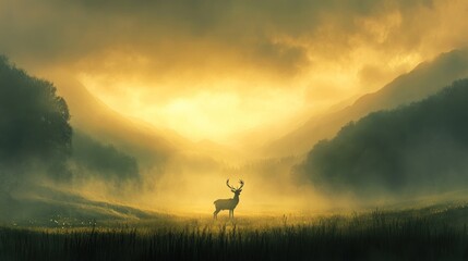 Fototapeta premium A majestic stag stands in a misty valley at sunset, creating a serene and picturesque scene.