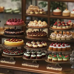 Delicious pastries displayed in a bakery showcase