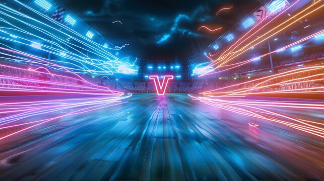 Futuristic Neon Scene Featuring Glowing 'V' With Motion Effects Perfect For E-Sports Promotions Or Digital Marketing Campaigns