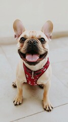 Cute happy dog sitting and posing on white background, French Bulldog dog 