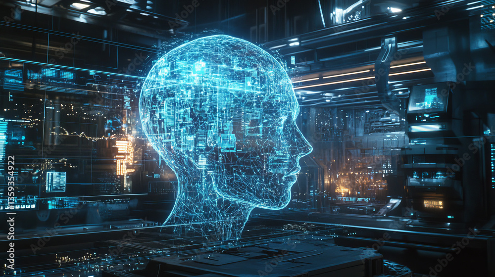 Poster block chain network and programming concept. global artificial intelligence. hologram of the neural 