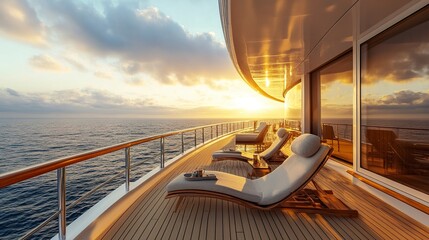 Fototapeta premium Luxurious balcony with uninterrupted ocean views, warm wooden flooring, cozy lounge chairs, golden sunlight streaming through 