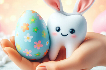 Cute tooth character with easter egg in hand. Easter, Pascha, Paskha, Ostern, Pascua, Paques - Orthodox and Catholic Holiday celebration