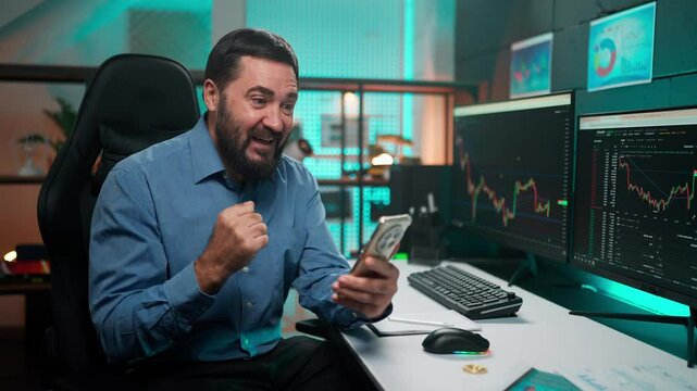 A trader trades bitcoin on the exchange. A businessman negotiates with partners. 
An online business conference with business partners. 
A man talks about the price of cryptocurrency and bitcoin on th