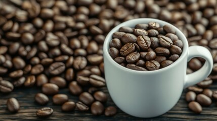 Fototapeta premium Coffee beans overflowing from a white cup, morning energy boost, cozy breakfast ambiance, caffeine indulgence