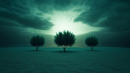 Obraz premium Tranquil silhouetted trees against a moody sunrise, serene nature landscape, Earth Day solace, mystical environmental appreciation