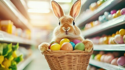Adorable bunny with colorful easter eggs in store aisle. Easter, Pascha, Paskha, Ostern, Pascua, Paques - Orthodox and Catholic Holiday celebration