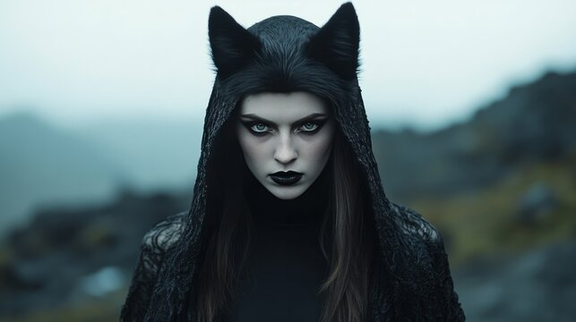 Gothic woman in dark cat costume outdoors, Halloween spooky theme, eerie fantasy mysterious atmosphere