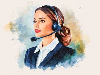 A professional woman wearing a headset, depicted in a watercolor style, symbolizes customer service and communication.
