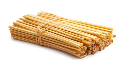 Bundles of uncooked spaghetti pasta on a white background