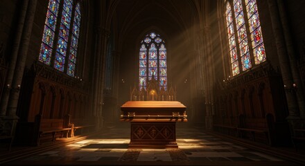 Serene interior of a grand cathedral showcasing a beautifully lit altar with stained glass windows - casket images