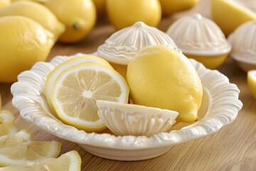 Juicy Lemons in Elegant Bowl with Ornate Dishes