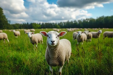 Fototapeta premium Group of six sheep standing in a field of yellow wildflowers, rural countryside scene