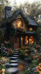 Fototapeta premium Charming Stone Cottage With Lush Garden And Warm Lighting