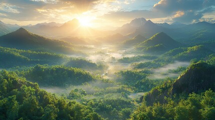 Golden sunlight shines over rolling forested mountains in the morning