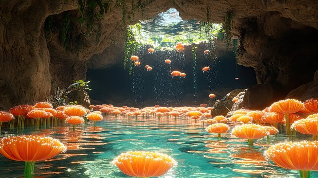 The ethereal cavern environment filled with glowing water mushrooms is beautiful - Powered by Adobe