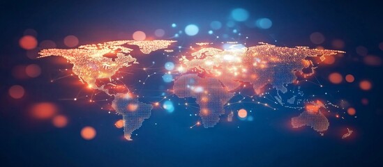 Digital world map made of glowing data points and code lines, global network concept on a dark background with bokeh lights