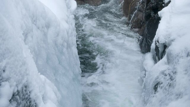 Winter Snow Melt Water Flowing Down Mountain River
