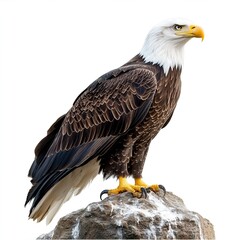 Fototapeta premium Majestic Bald Eagle Perched on a Rock Isolated on White Background Wildlife
