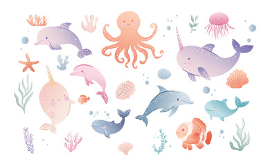 Colorful cartoon illustration of various cute sea animals and underwater elements.