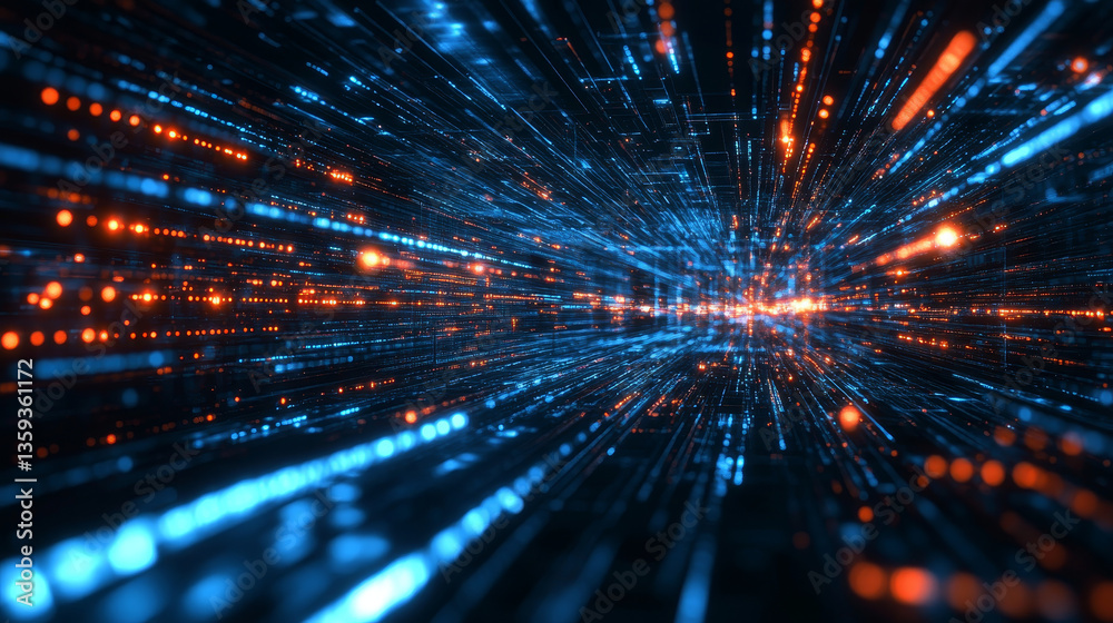 Poster digital data stream. flying at high speed through undulating big data networks. modern technology ba