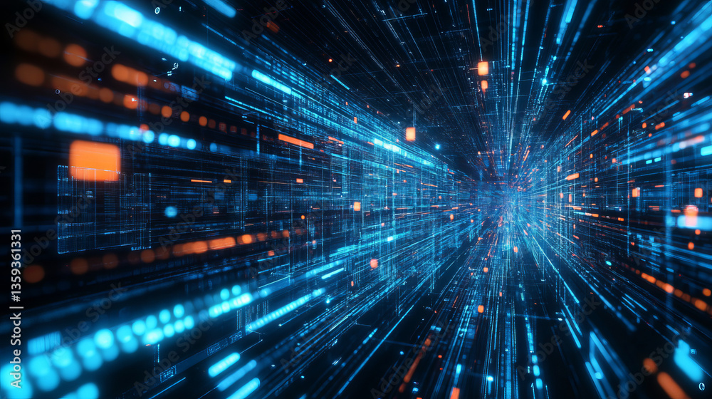 Poster digital data stream. flying at high speed through undulating big data networks. modern technology ba