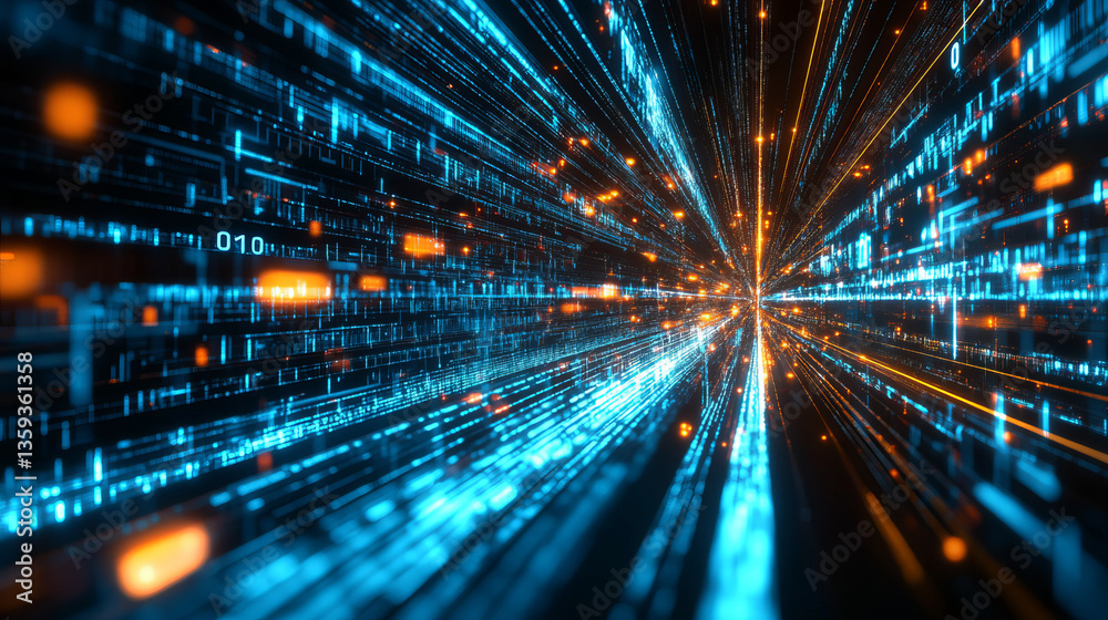 Poster digital data stream. flying at high speed through undulating big data networks. modern technology ba