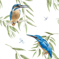 Kingfisher bird on a branch among green branches. Watercolor digital illustration. Bright -blue bird with orange breasts, isolated on a white background. Seamless pattern of tropical poultry