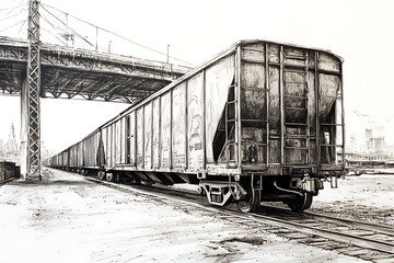 Fototapeta premium An artistic railway sketch featuring a lone train car under a vast steel bridge captured in soft tones 
