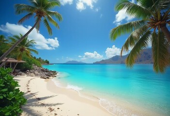 Obraz premium Waves gently lap the soft sand as vibrant palms sway under the warm sun at Palm Beach, creating a serene getaway in a beautiful Caribbean paradise. The clear sky completes the picture Generative AI